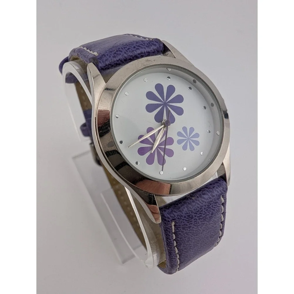 Avon Spring Fling Watch Women 32mm Silver Case Purple‎ Band- New Battery